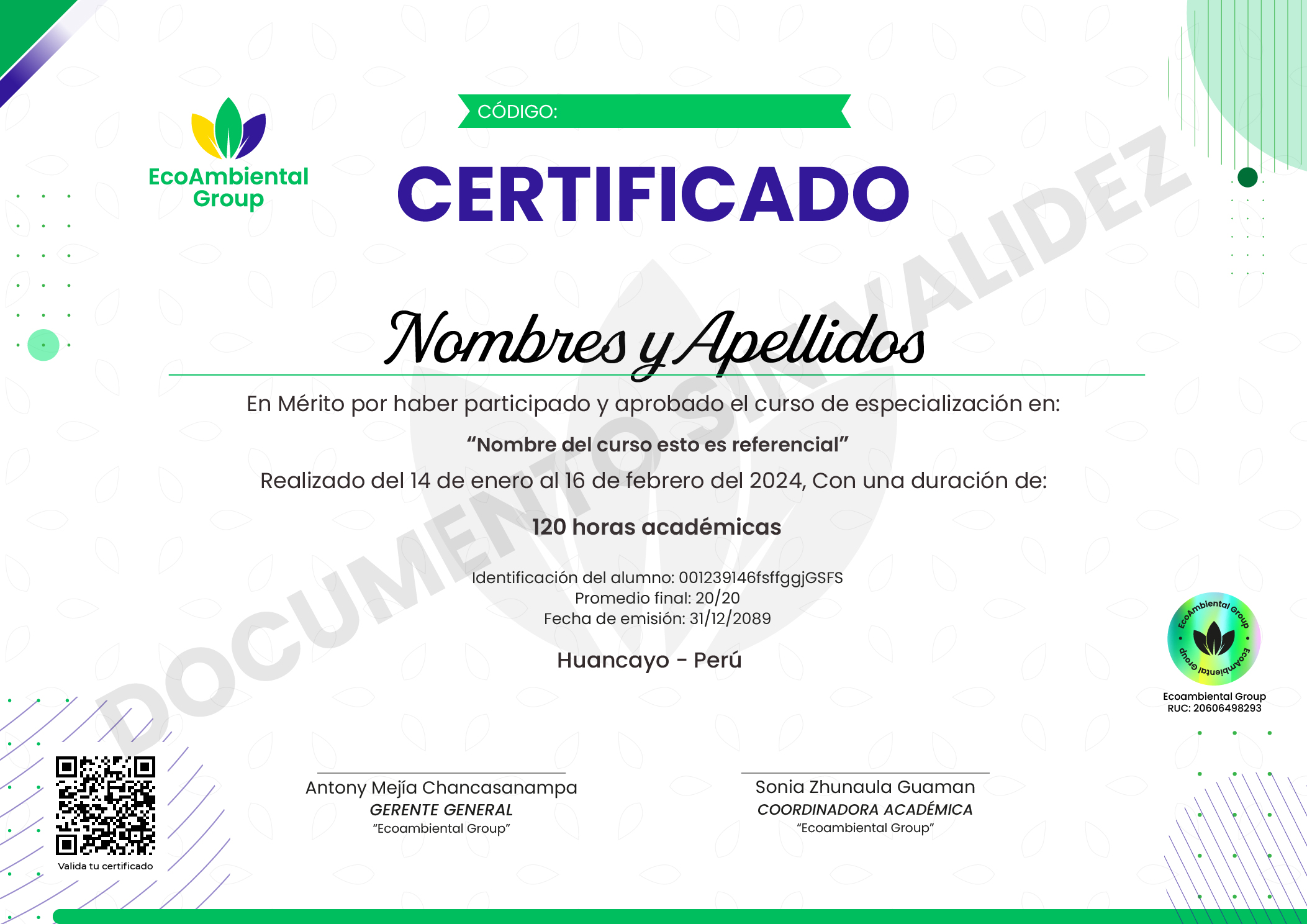 Certificado Ecoambiental - Cara frontal